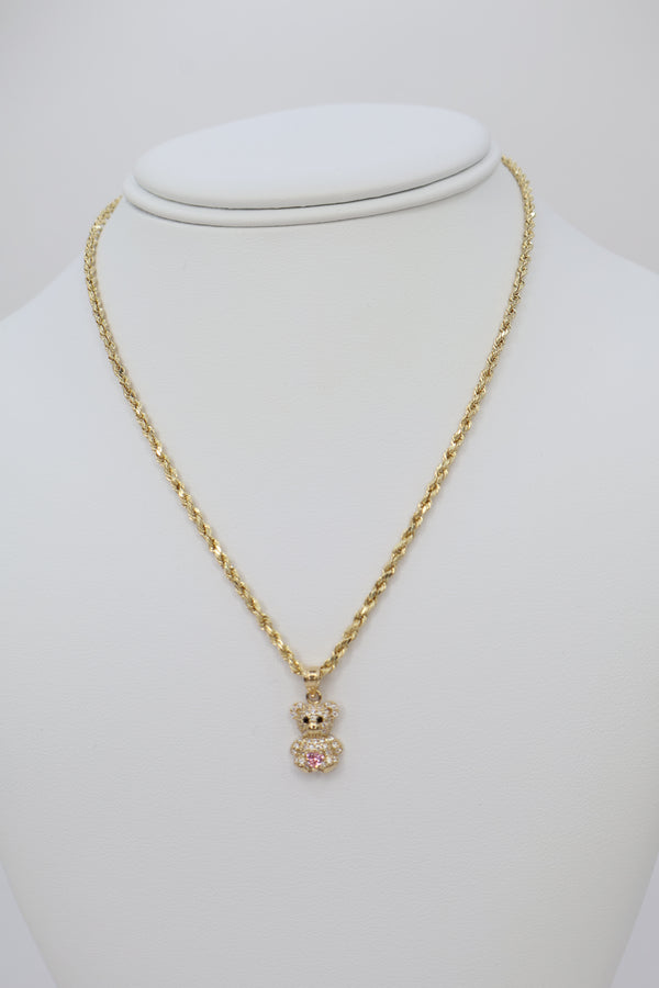 14k Teddy Bear Pendant w/ Rope Chain