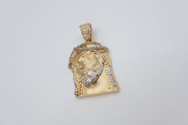 14k Yellow Gold Jesus Piece Pendant with CZ and White Gold Accents